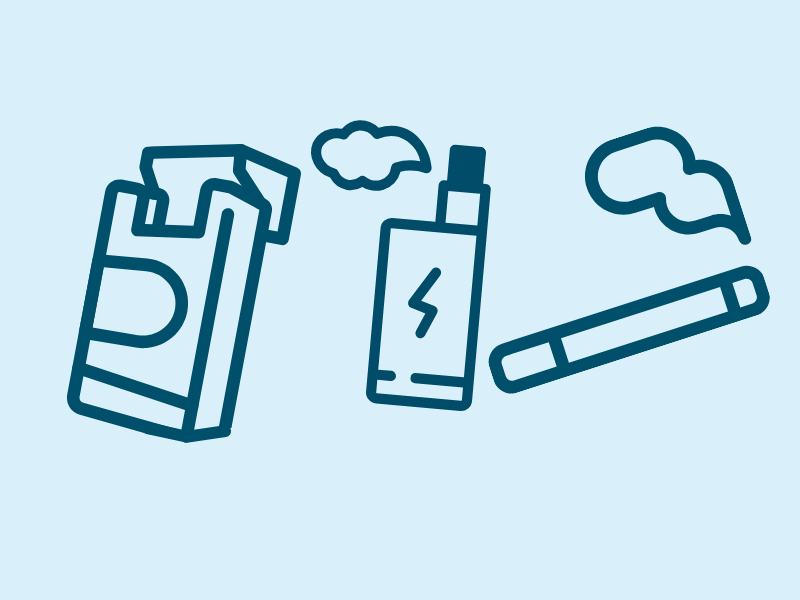 Icon of a pack of cigarettes, a vape and a lit cigarette 