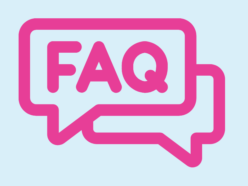 Blue background with pink speech bubbles. In one of the speech bubbles is the letters 'FAQ'.