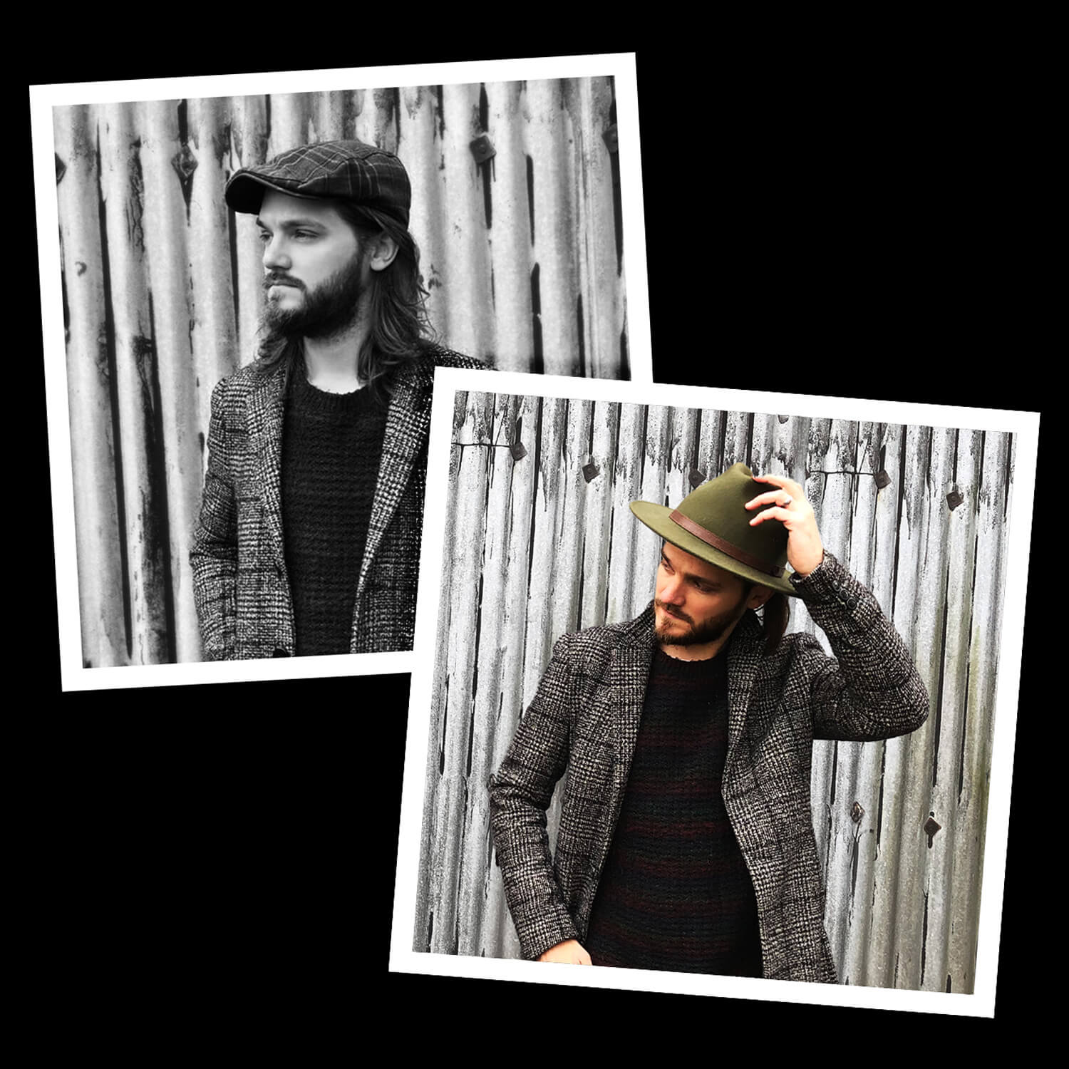 Two photos of a bearded man in a patterned blazer and dark sweater standing against a corrugated metal background, wearing a plaid cap in the black-and-white photo and adjusting an olive green hat in the color photo.