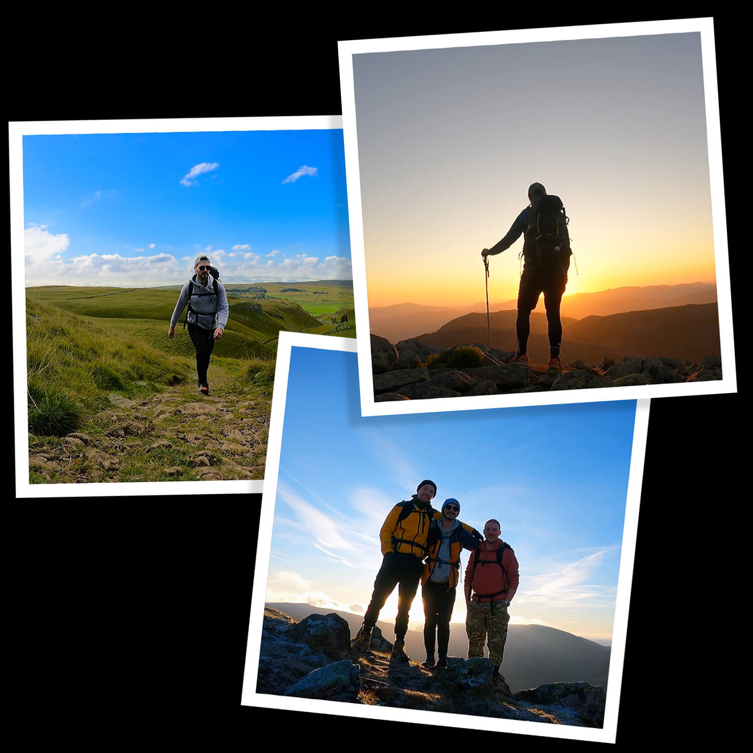 Collage of three photos showing hikers outdoors: one walking on a grassy trail under a blue sky, one silhouetted against a sunset on rocky terrain with trekking poles, and three hikers standing together on a mountain with a bright sky behind them.