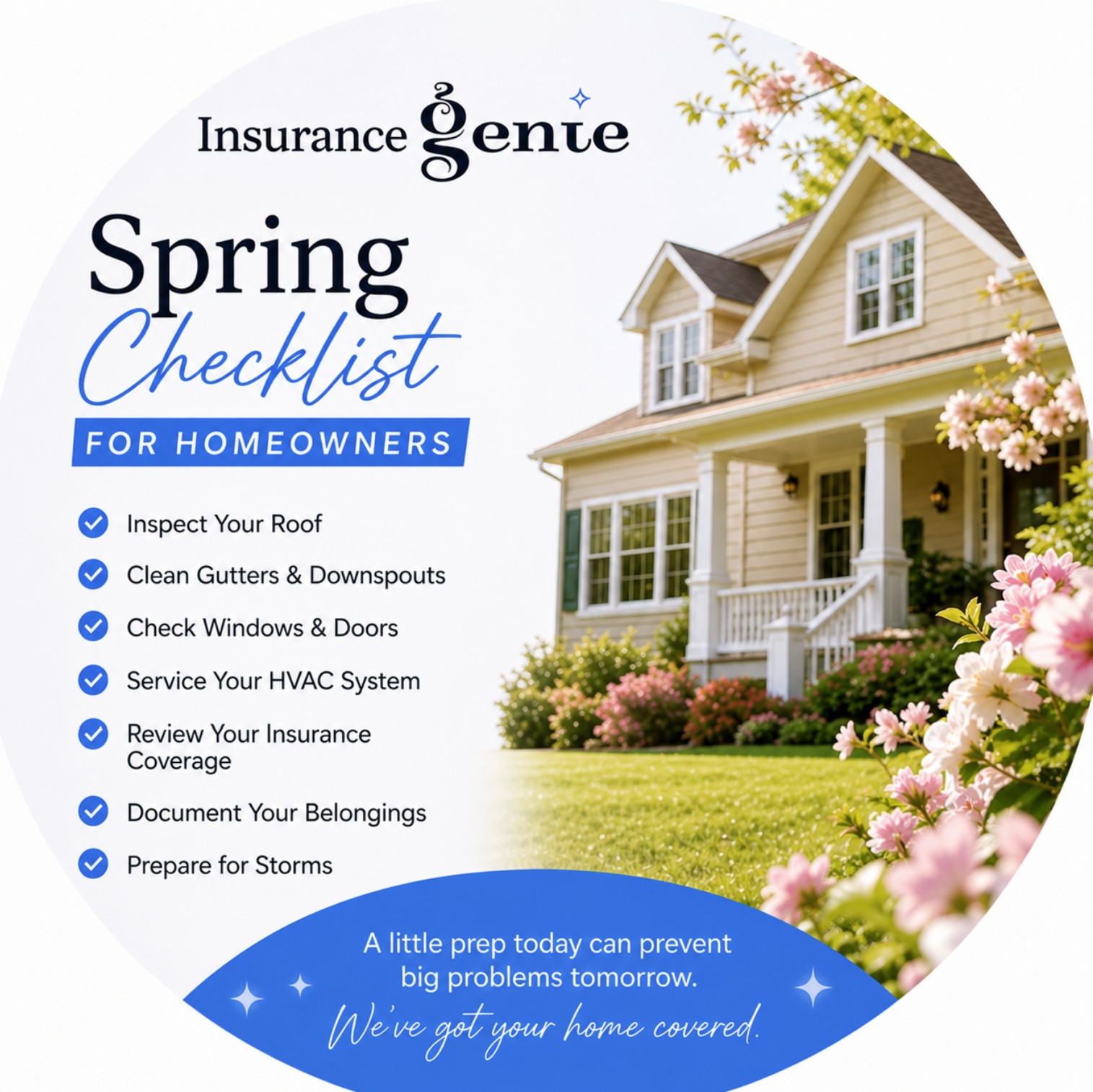 Home insurance Ontario spring checklist guide by InsuranceGenie.ca showing a protective genie guarding a suburban Ontario family home
