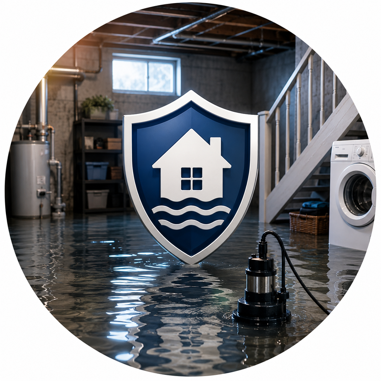 Canadian homeowner inspecting a flooded basement after heavy rainfall, highlighting home insurance coverage for water damage, sewer backup, and basement flooding protection.