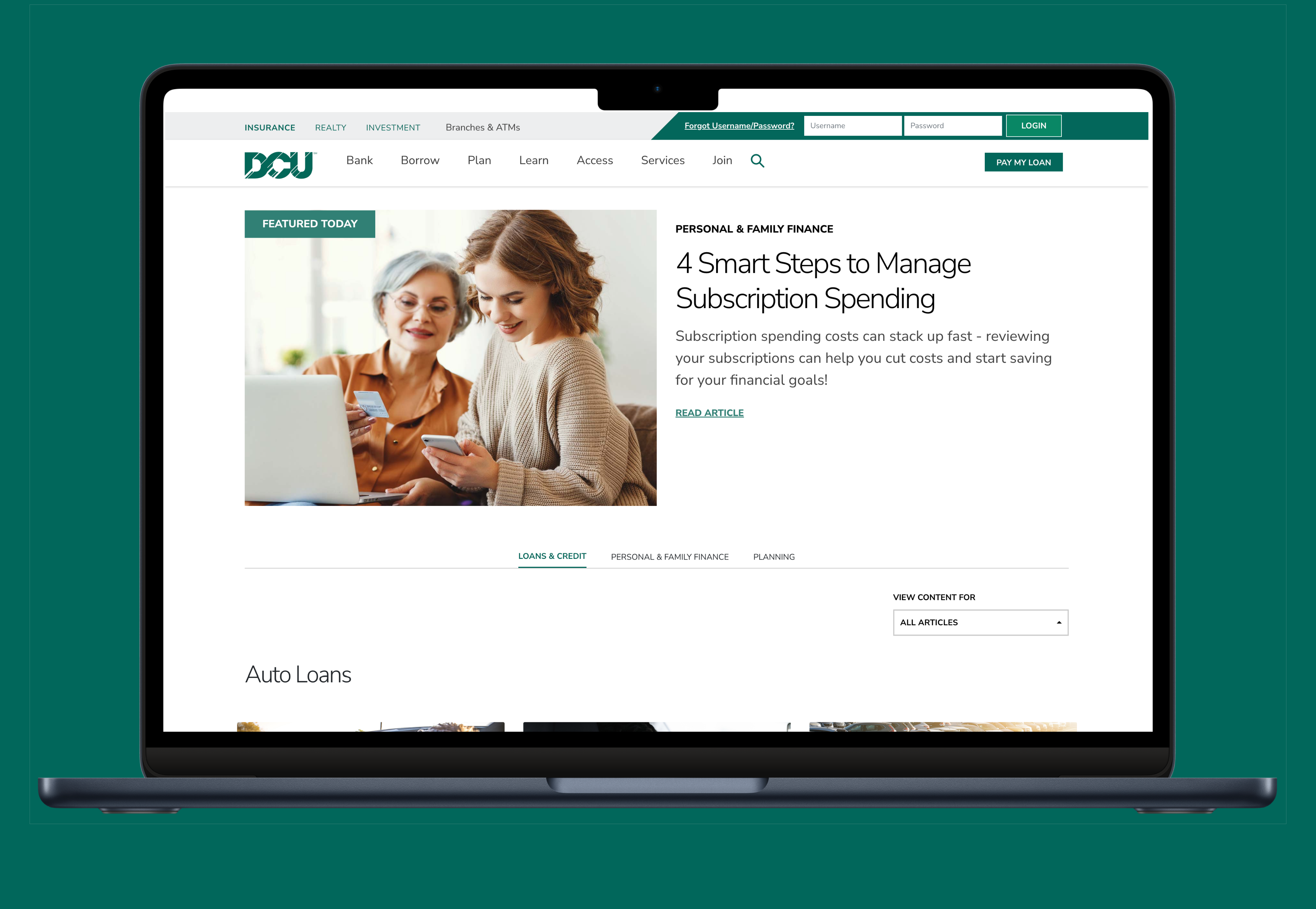 DCU Financial Education Center — wireframe mockup on laptop