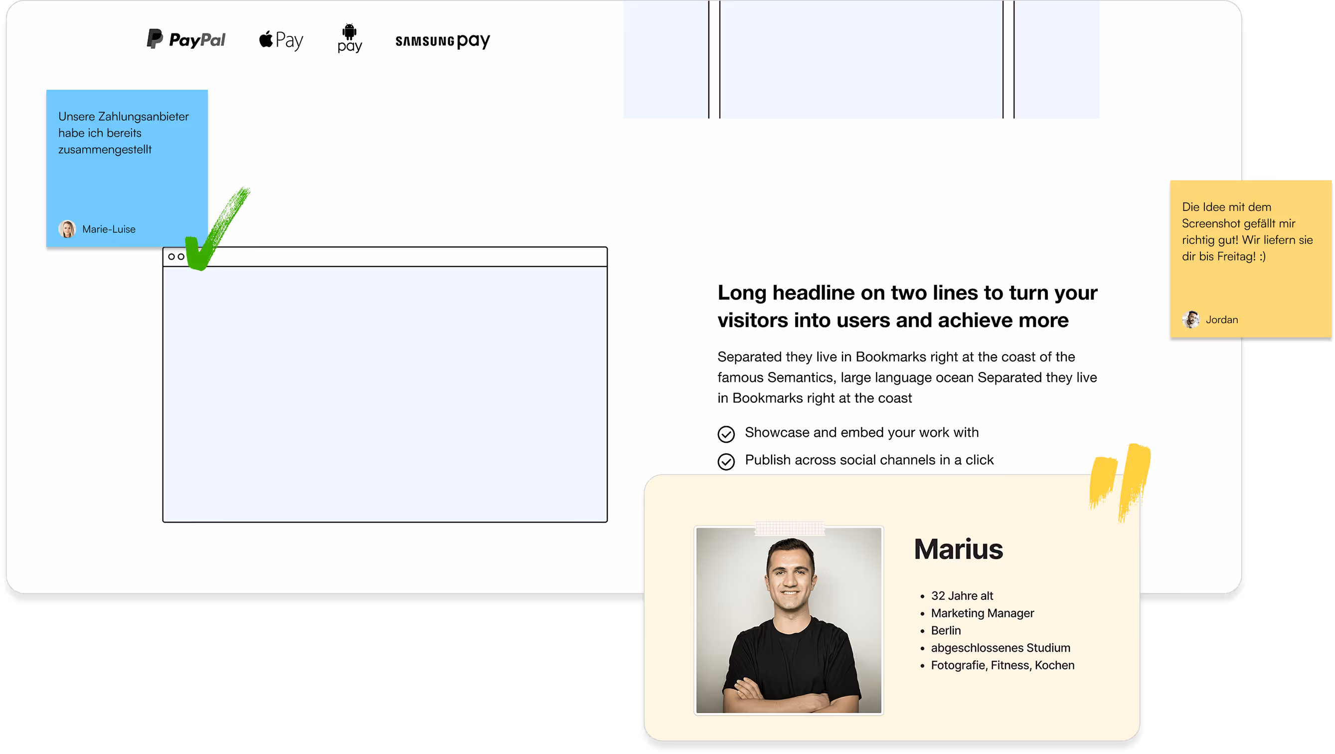 UX-Design Zeichnungen, Personas und Post-its