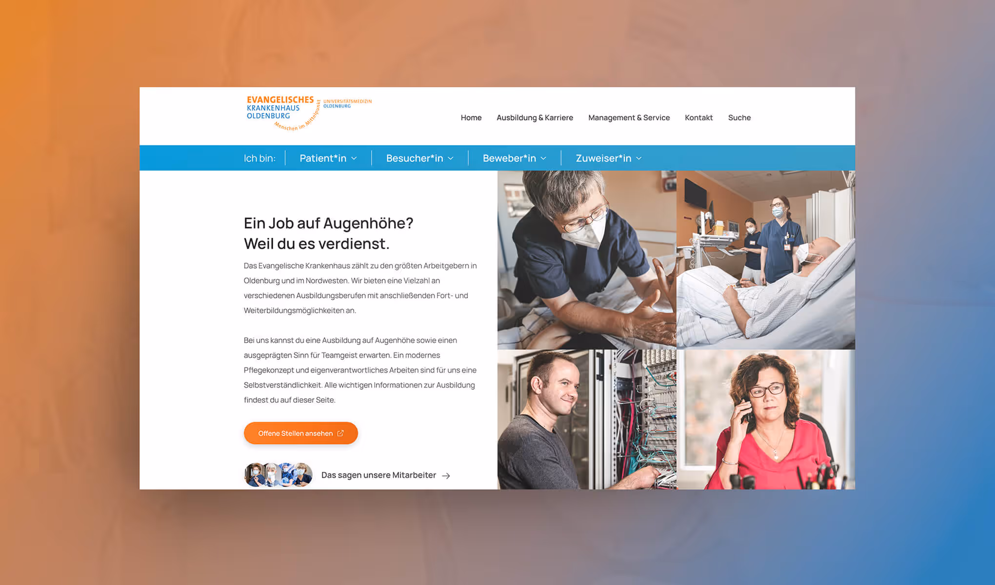 Screenshot der EV Website auf einem Verlaufshintergrund