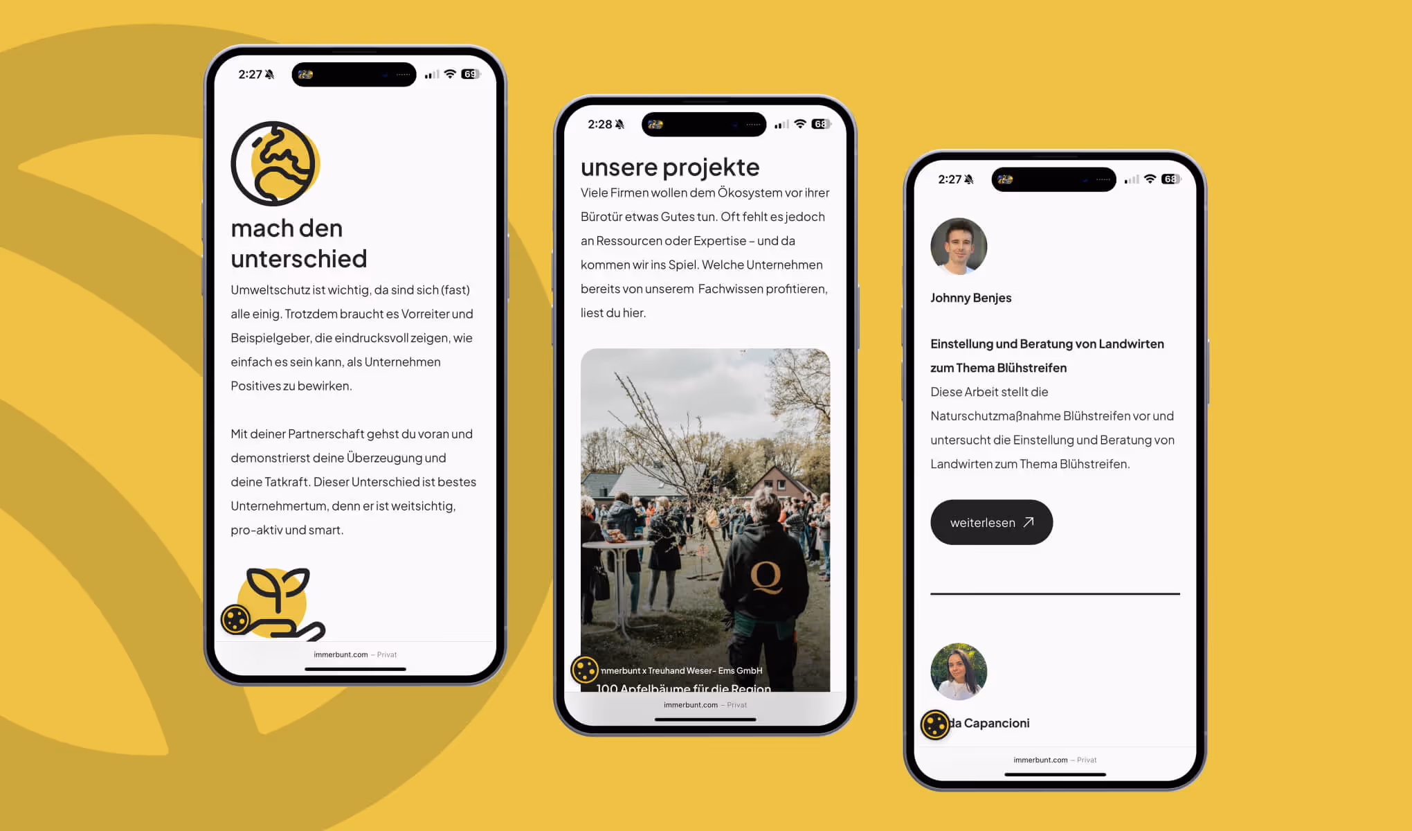 Mobile Immerbunt-Website auf drei iPhones