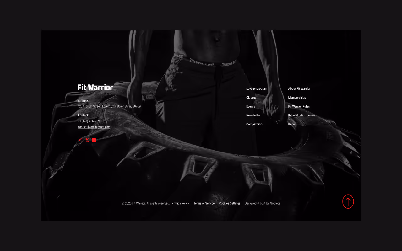 Mockup of a fitness studio website footer