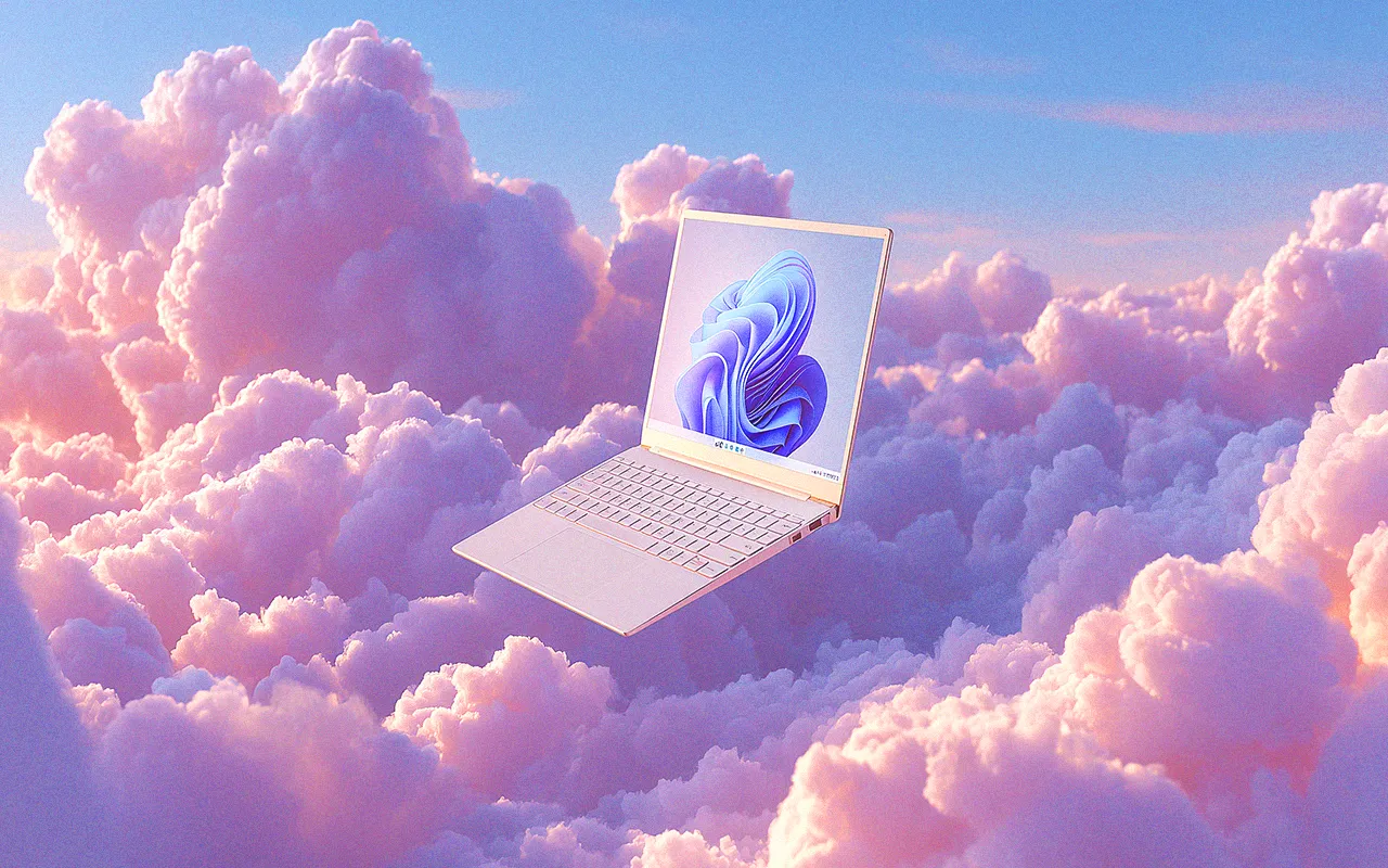 Ein aufgeklappter Laptop mit Windows schwebt zwischen purpurfarbenen Wolken.