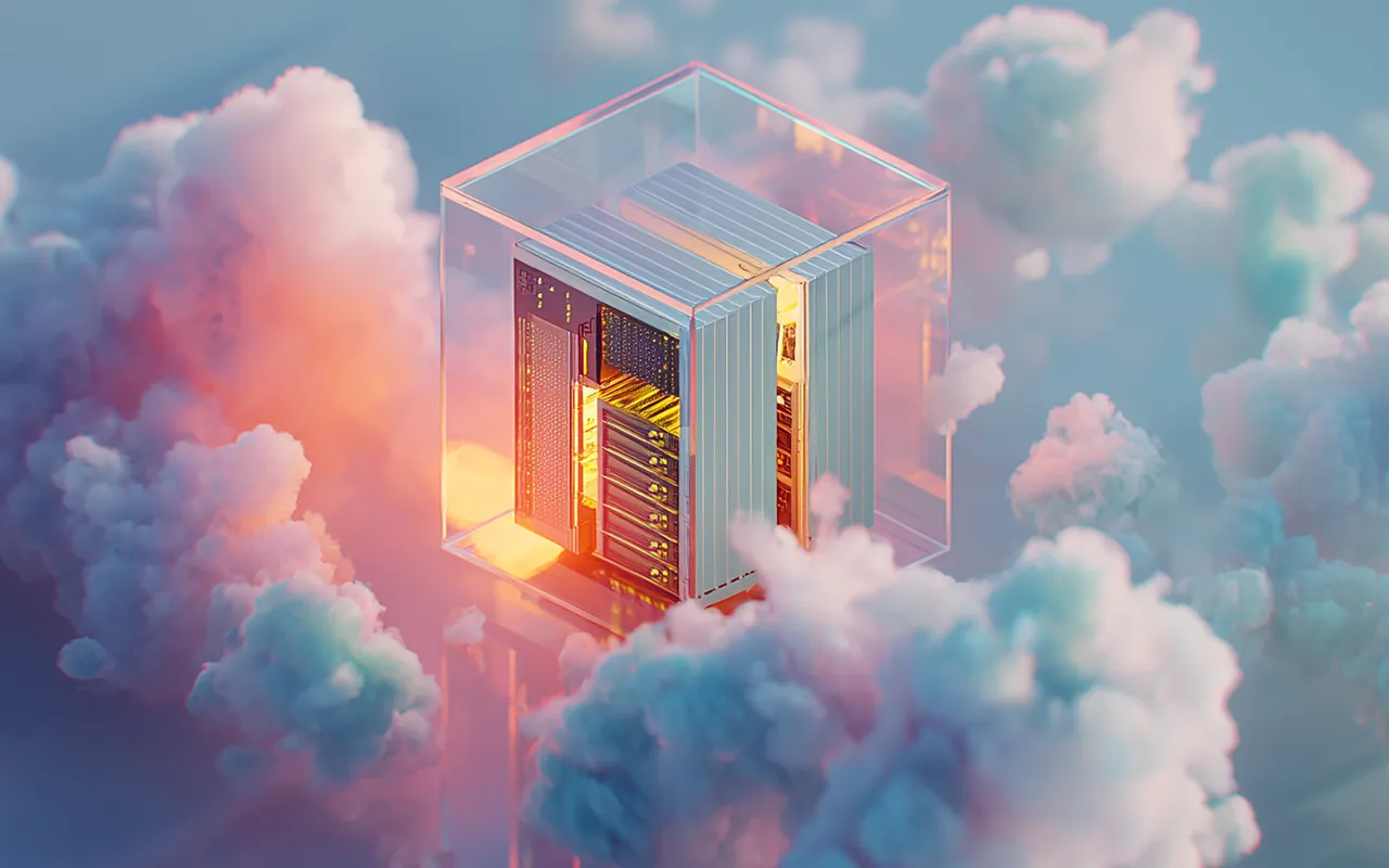 Stilisierte 3D Illustration eines Serverracks in einem Glaskasten der zwischen Wolken schwebt.