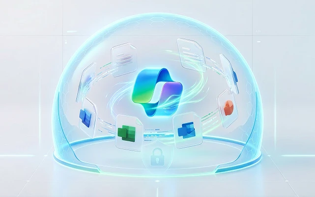 3D Visualisierung von Microsoft Copilot innerhalb eines Datenschutz-Schildes.