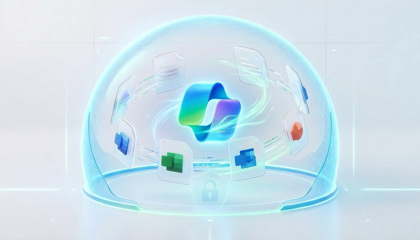 3D Visualisierung von Microsoft Copilot innerhalb eines Datenschutz-Schildes.