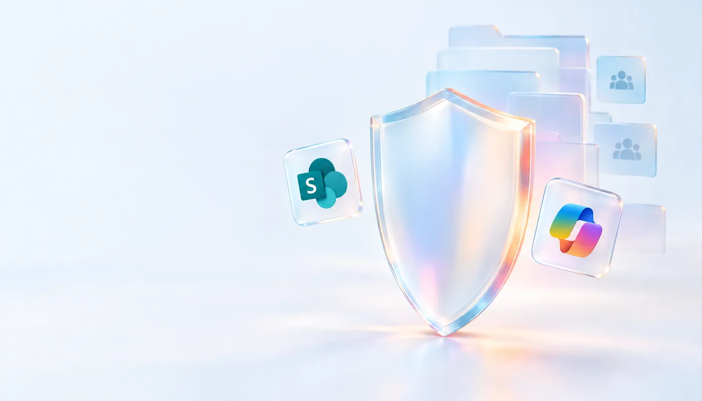 Stilisiertes Schloss aus Milchglas vor einem Raster aus Dokumentsymbolen, einzelne Dokumente leuchten offen – Sinnbild für Oversharing in SharePoint