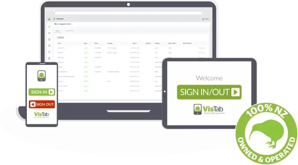 VisTab people management software displayed on mobile phone, laptop, and tablet with a 100% NZ owned and operated kiwi logo.