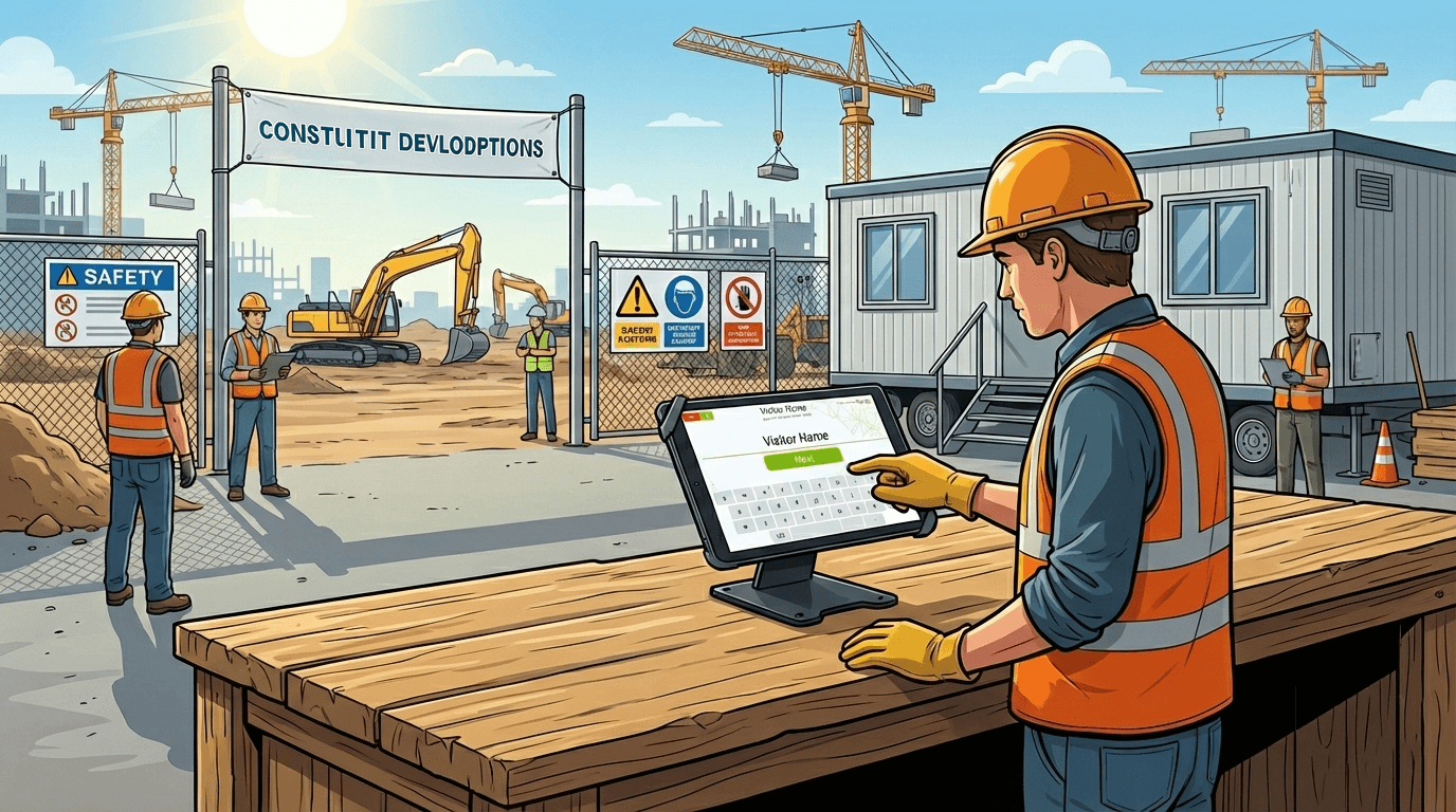 Sign In Software for Visitors on the screen of three devices, a tablet a phone and computer