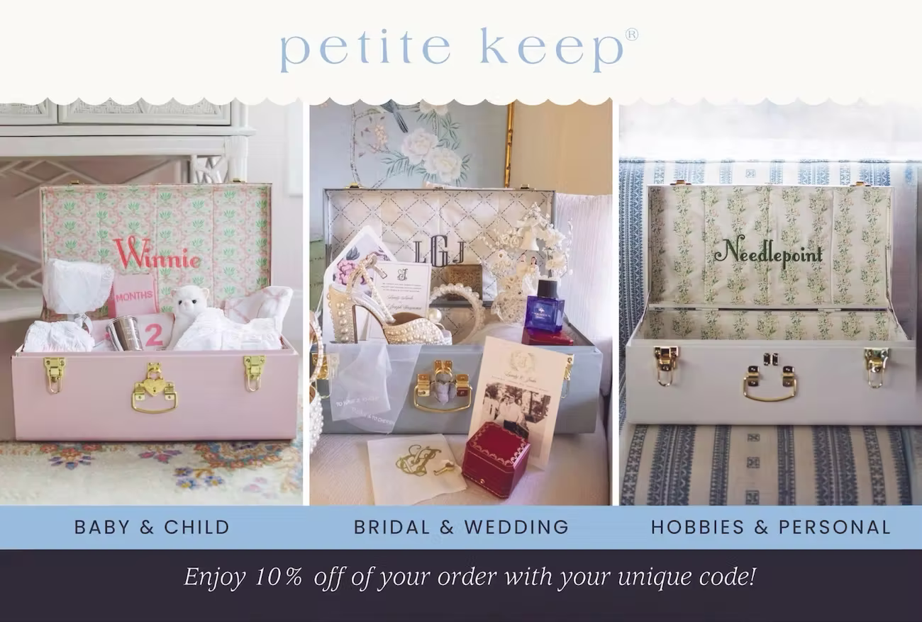 A promotional postcard from Petite Keep displaying beautifully curated memory trunks for Baby & Child, Bridal & Wedding, and Hobbies & Personal categories, with an exclusive offer of 10% off using a unique discount code.