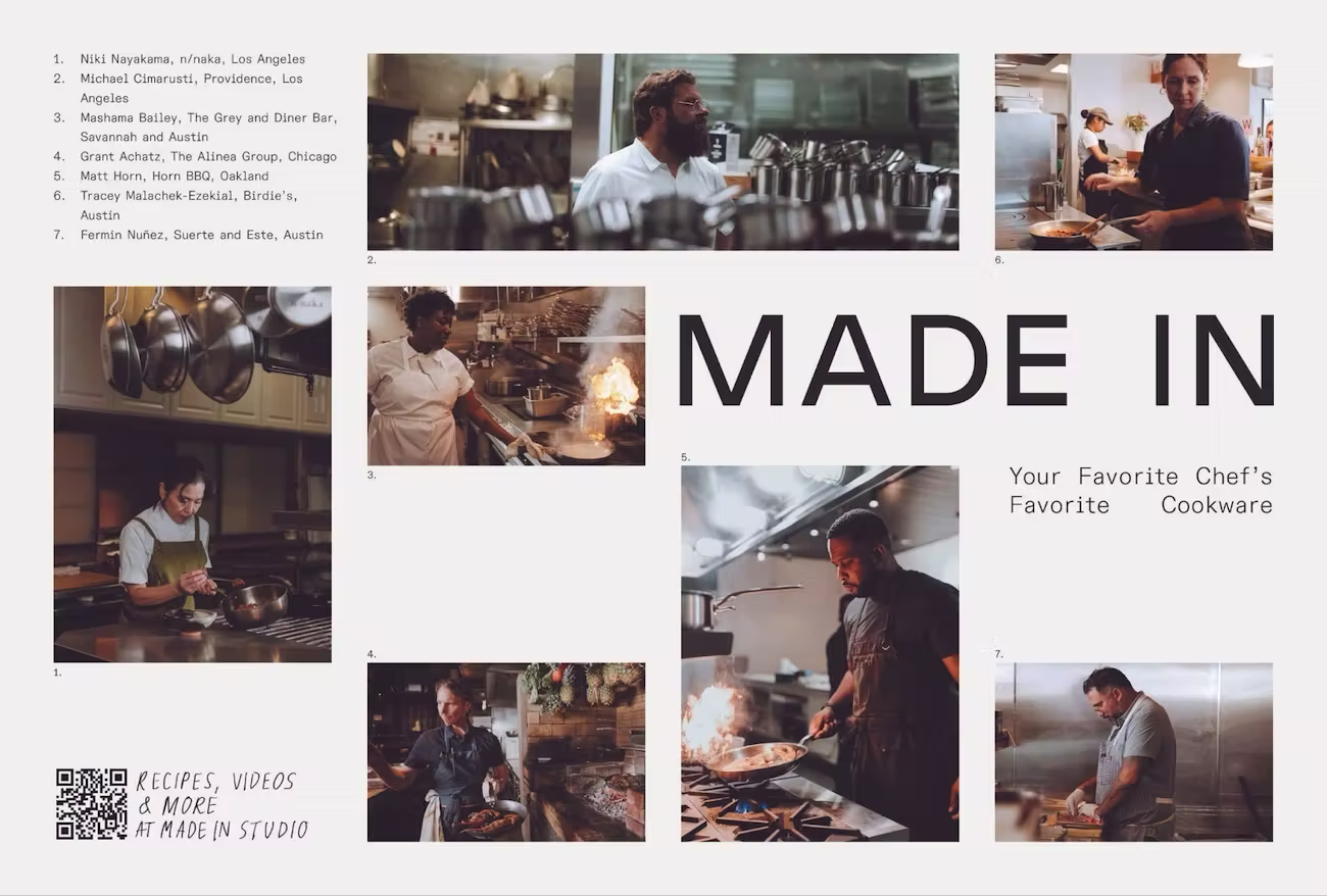 A postcard from Made In featuring professional chefs in their kitchens using premium cookware, highlighting 'Your Favorite Chef's Favorite Cookware' along with a QR code for recipes and videos.