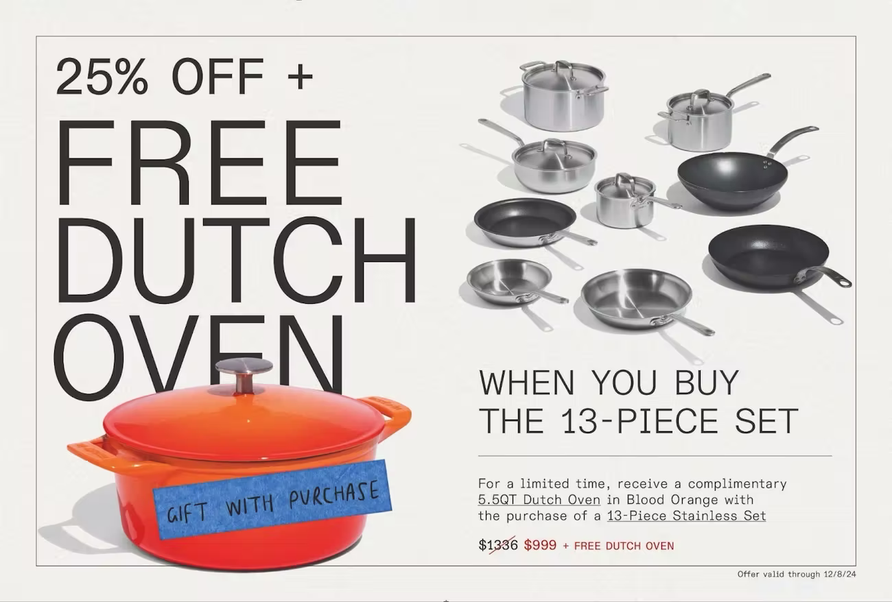 A promotional postcard from Made In offering 25% off and a free orange Dutch oven with the purchase of a 13-piece cookware set, valid for a limited time.