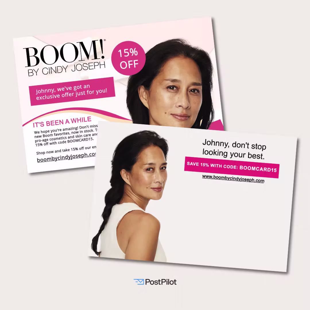 Front and back of a BOOM! by Cindy Joseph postcard with pink accents and a large portrait, personalized to Johnny with a 15%-off offer (code BOOMCARD15) and URL boombycindyjoseph.com.