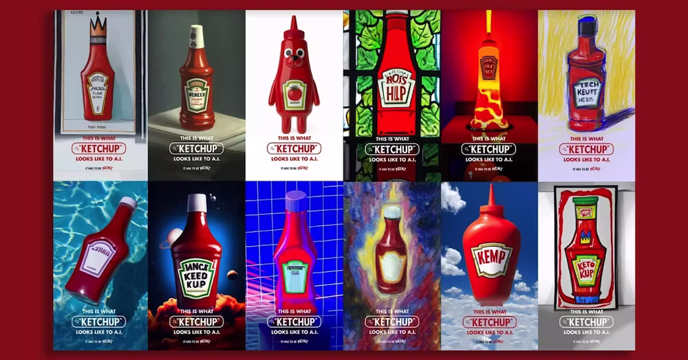 Collage of twelve AI-generated ketchup bottle images in different art styles—sketches, stained glass, lava-lamp, 3D renders—many with misspelled “ketchup” labels. Each tile includes the line “This is what ‘ketchup’ looks like to A.I. — it has to be Heinz,” on a deep red background.