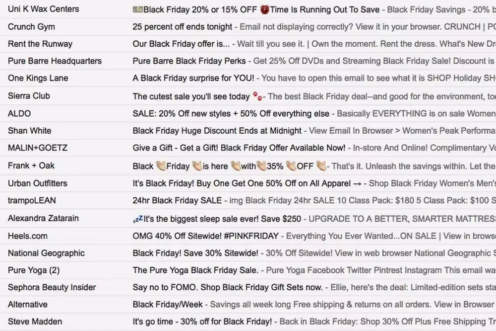 List view of an email inbox filled with Black Friday subject lines from many brands, illustrating promotion overload.