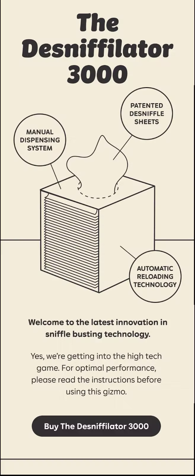 Monoline illustration of a tissue box with playful callouts (“Manual dispensing system,” “Patented desniffle sheets,” “Automatic reloading technology”) and a CTA button “Buy The Desnifflilator 3000.”
