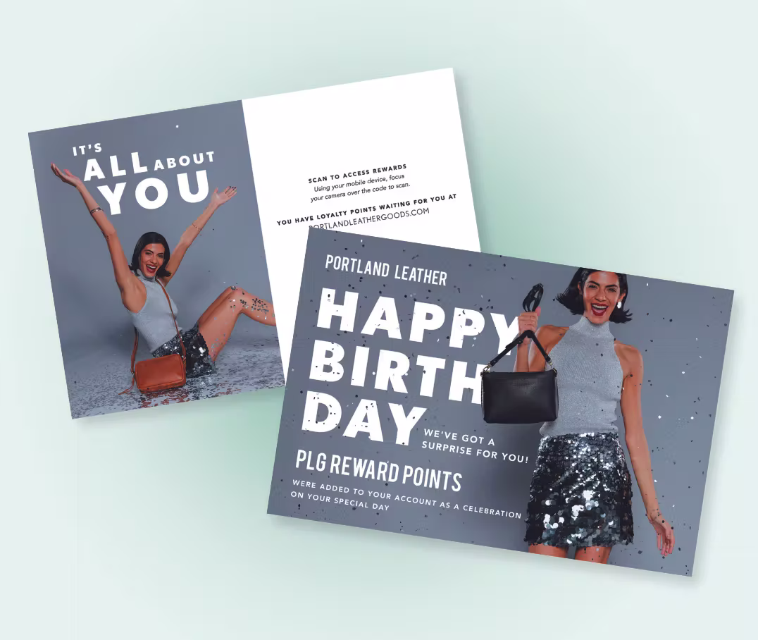 graphic showing front/back of a portland leather goods birthday postcard that says "Happy birthday we've got a surprise for you"