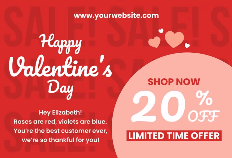 Valentine's Day postcard offering 20% off