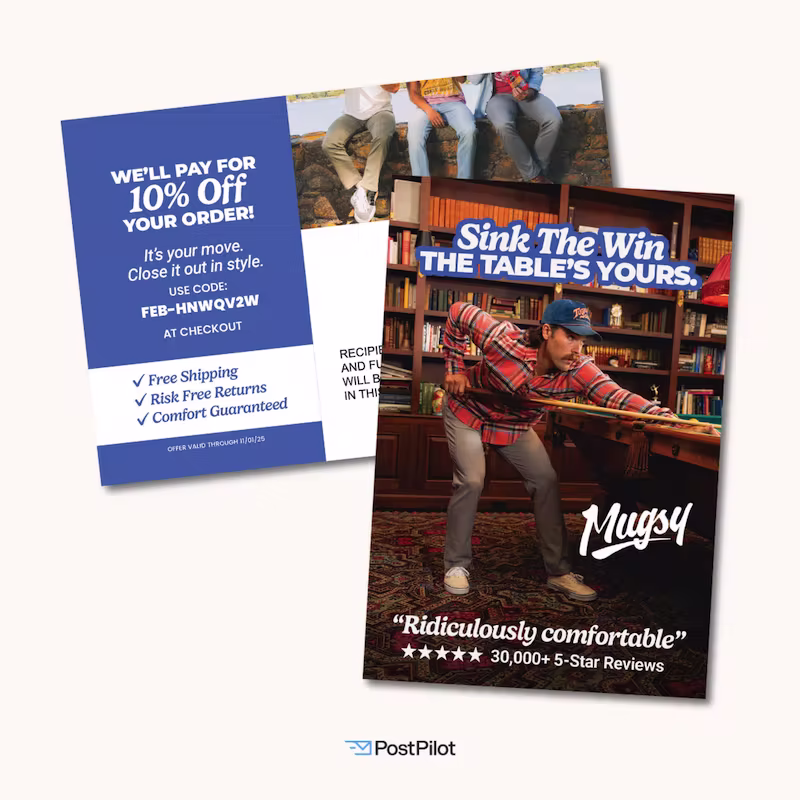 graphic showing front and back of a mugsy postcard. headline is "Sink the win. the table's yours." and mentions "ridiculously comfortable" jeans. 10% off offer on the back. designed and printed by PostPilot.