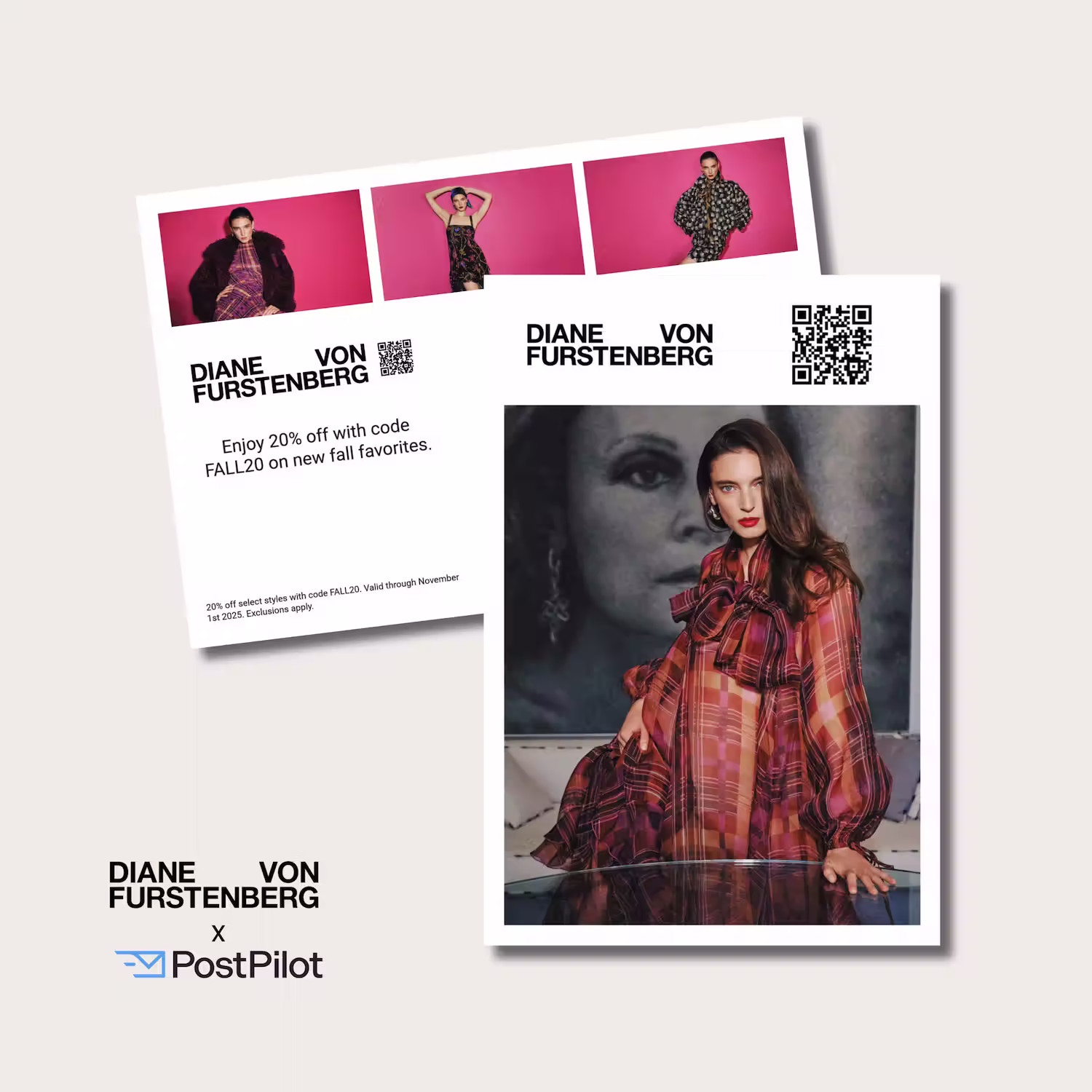 Two Diane von Furstenberg x PostPilot postcards are displayed on a neutral background. The front postcard shows a model wearing a plaid chiffon dress with a large bow, posing in front of a black-and-white portrait of a woman. The DVF logo and a QR code appear at the top. The second postcard shows three smaller fashion images of models in bold patterned fall looks against a bright pink backdrop. The text reads “Enjoy 20% off with code FALL20 on new fall favorites,” along with offer details at the bottom. The Diane von Furstenberg and PostPilot logos appear together below the postcards.