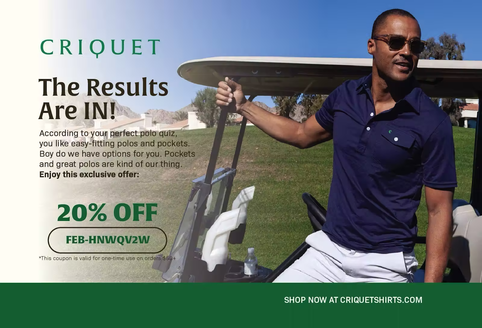 Postcard designed and printed by PostPilot for Criquet Shirts showing a man wearing a blue polo with pockets while stepping out of a golf cart on a sunny course. Left side includes the headline “The Results Are IN!” with quiz-based messaging highlighting easy-fitting polos and pockets, plus a 20 percent off offer.