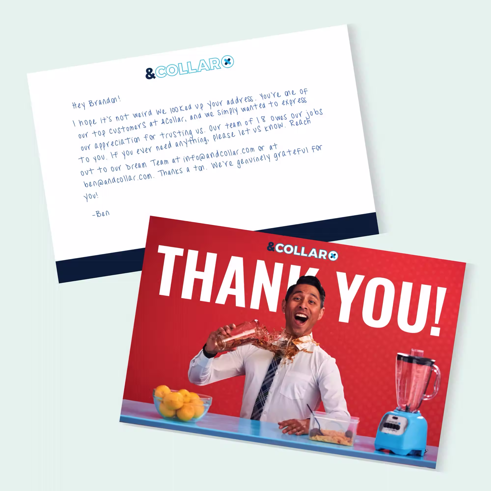 Direct mail postcard from &Collar with large ‘Thank You’ text. A man in a white dress shirt reacts as a drink spills onto his shirt at a counter with lemons and a blender, emphasizing stain-resistant fabric.