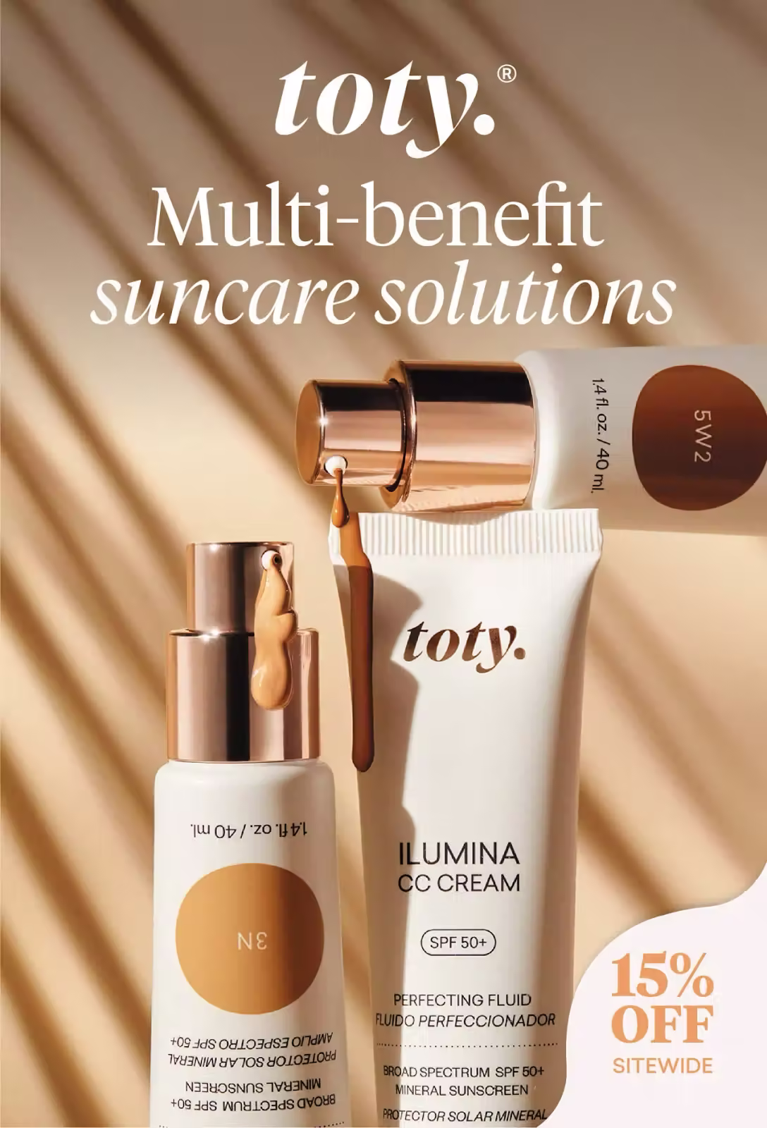 vertical 4x6 inch postcard that says "toty. multi-benefit suncare solutions" above three toty products. there is a 15% off sitewide offer on the postcard.