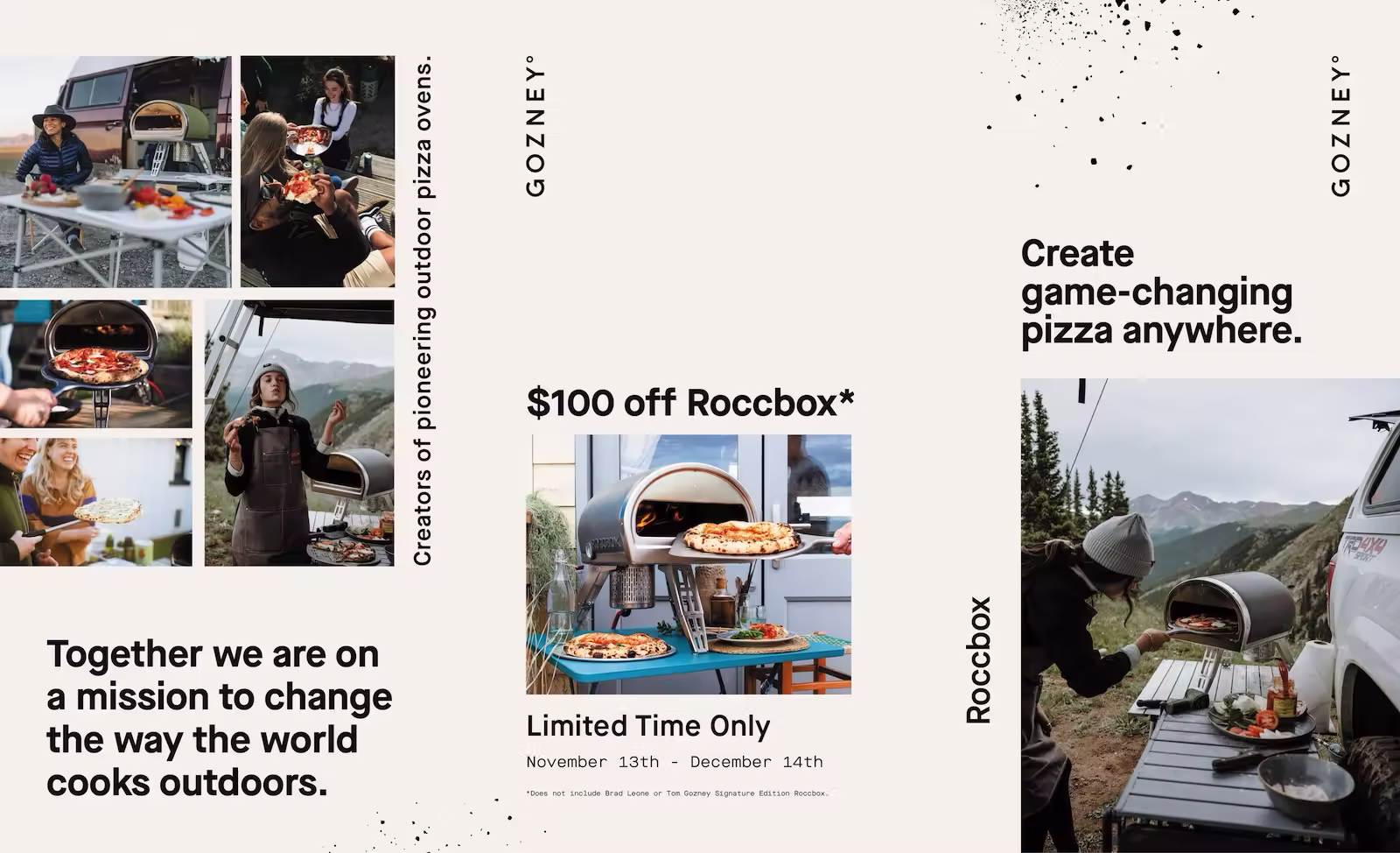 trifold Cardalog that Gozney sent over Black Friday, featuring 6 panels. 3 panels in the interior feature high quality images of their hero products, the Dome, Roccbox, and Dome S1, along with product descriptions for each. The front of the Cardalog says "