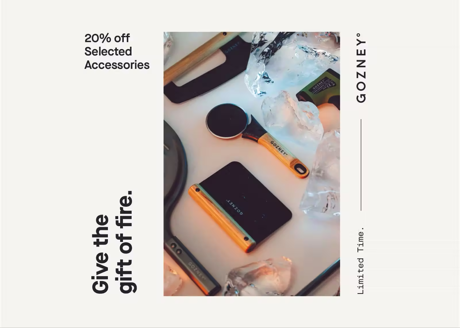 Gozney A5 postcard that has an offer for 20% off "selected accessories," with the caption, "Give the gift of fire." Dates for the offer are shown as only available for an unspecified limited time.