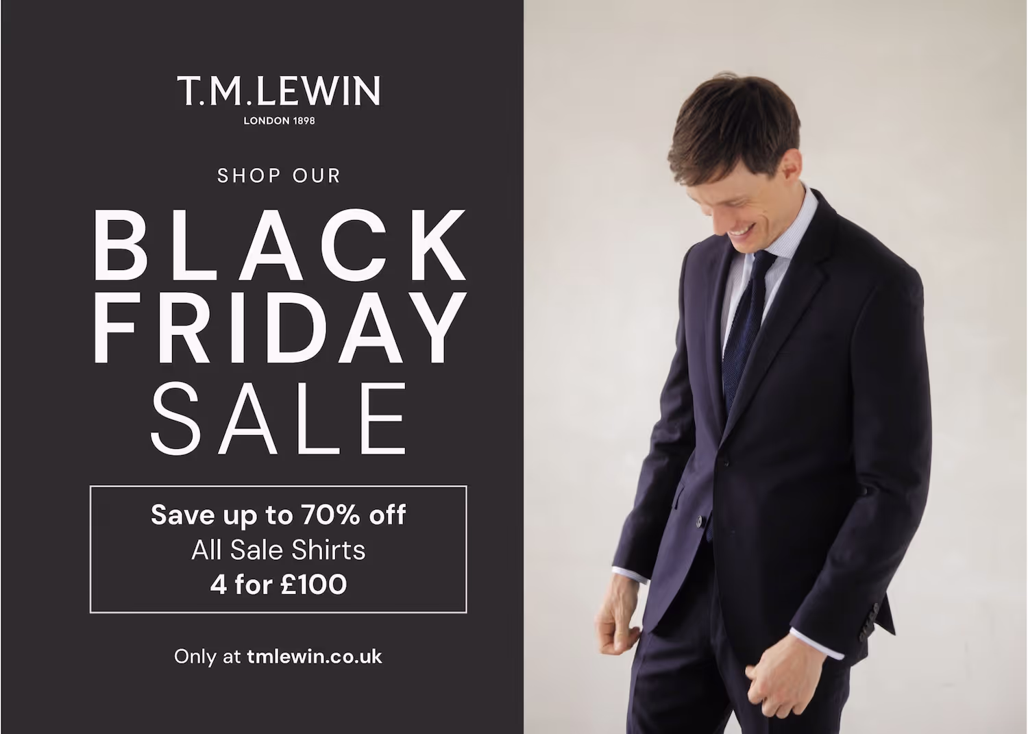 TM Lewin postcard that says "Shop our black friday sale. Up to 70% off"