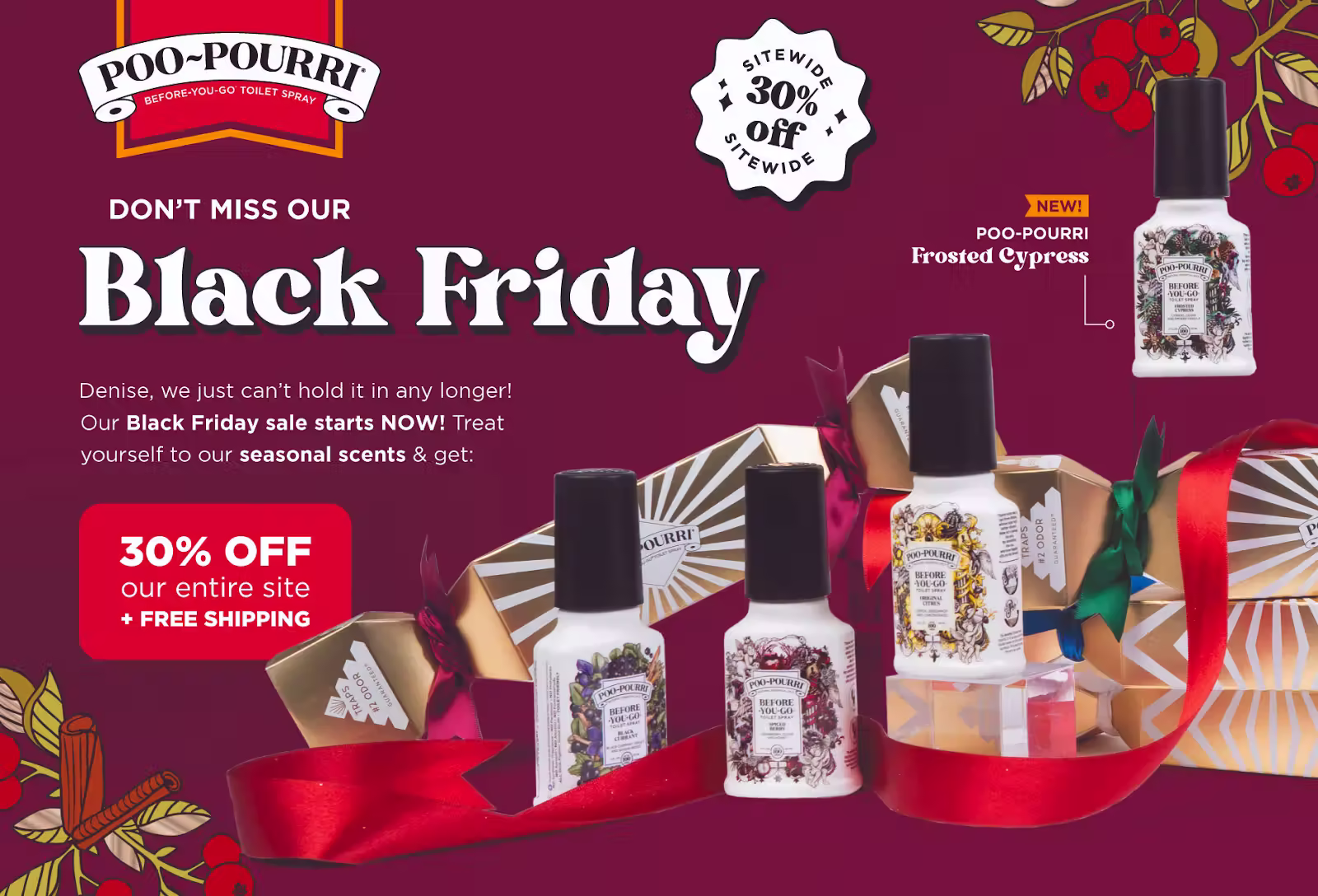 Direct mail postcard from Poo~Pourri advertising a Black Friday sale. Multiple Poo~Pourri before-you-go toilet spray bottles are displayed alongside gift boxes wrapped with ribbons. Text promotes 30% off sitewide with free shipping and highlights seasonal 