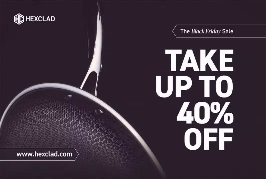Direct mail postcard from HexClad promoting a Black Friday sale. A close-up of a HexClad hybrid cookware pan with a hexagonal surface pattern appears beside text reading ‘Take Up to 40% Off,’ with the HexClad logo and website shown.
