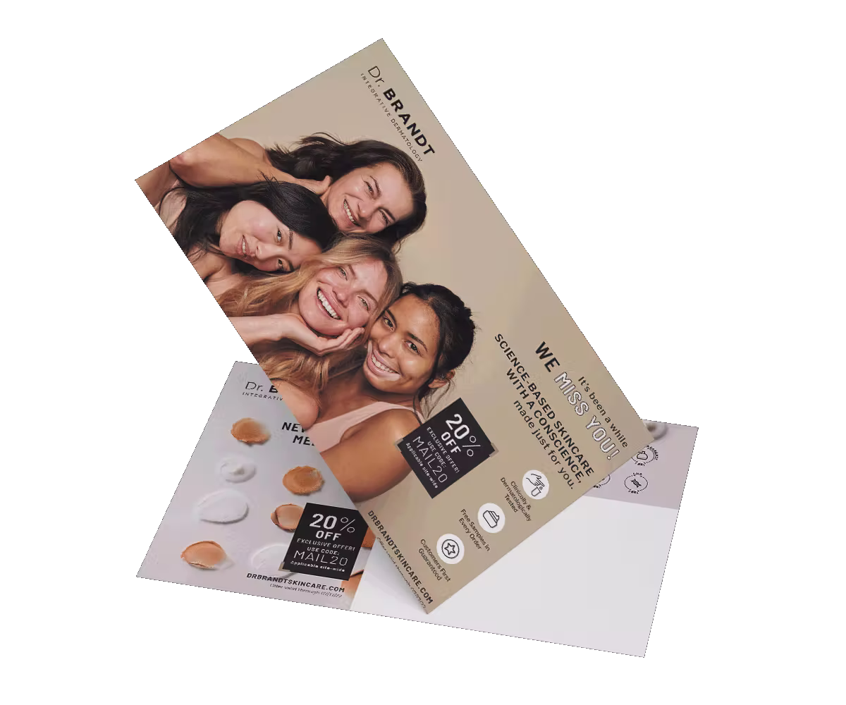 graphic showing 3d look at dr brandt postcard showing 3 women on the front over a light beige background.