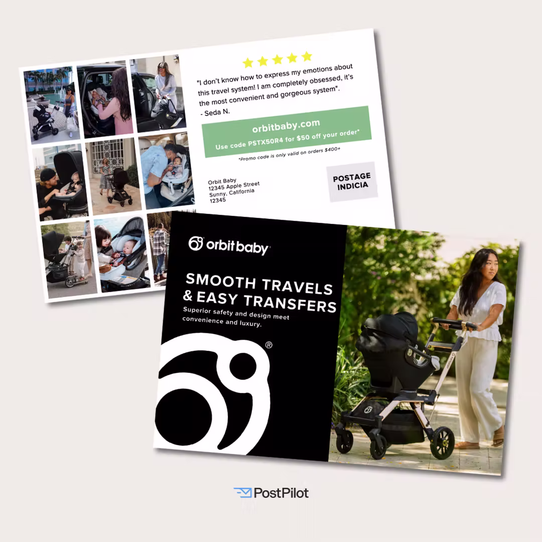 Direct mail postcard from Orbit Baby featuring parents using a stroller and car seat system. One side includes a customer review and discount code; the other highlights smooth travel and easy transfers with a lifestyle image of a parent.