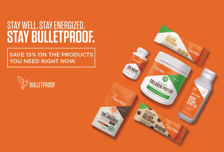 Postcard from Bulletproof on an orange background showing supplements and protein products. Text reads ‘Stay Well. Stay Energized. Stay Bulletproof’