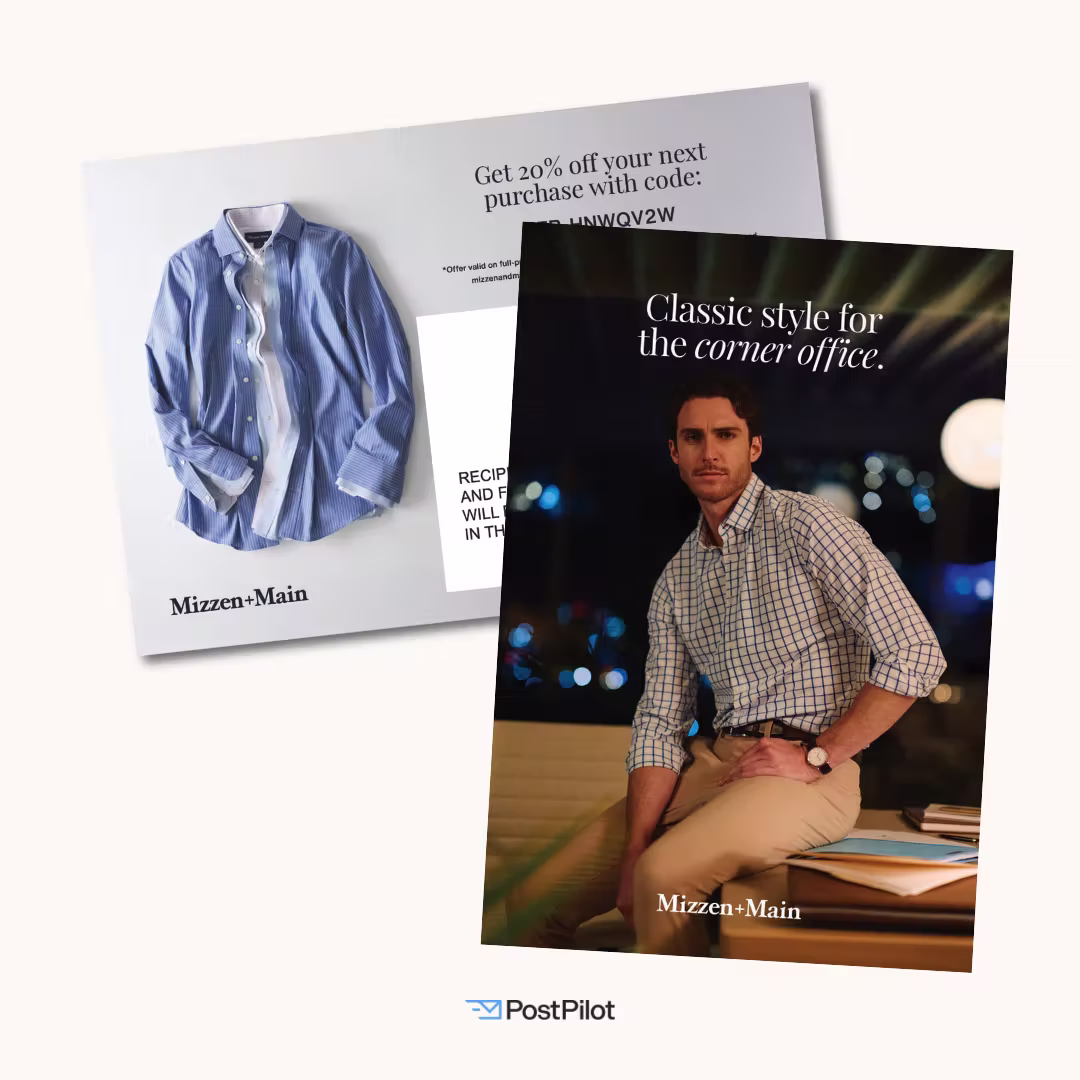 Flat-lay of a blue striped Mizzen+Main button-down shirt on a light background, paired with a printed offer for 20% off a future purchase.