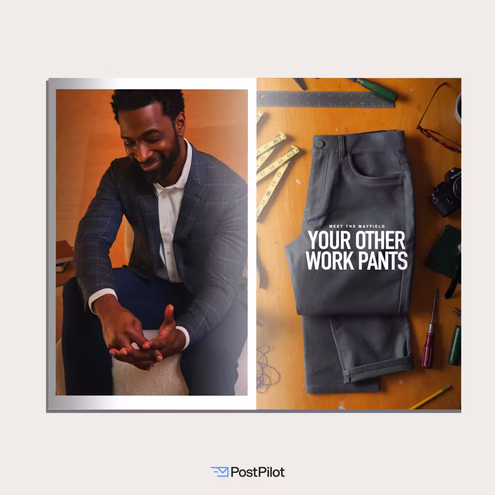Open catalog-style spread featuring a model in a tailored blazer on the left and folded gray Mizzen+Main work pants on the right with the headline “Your Other Work Pants.”