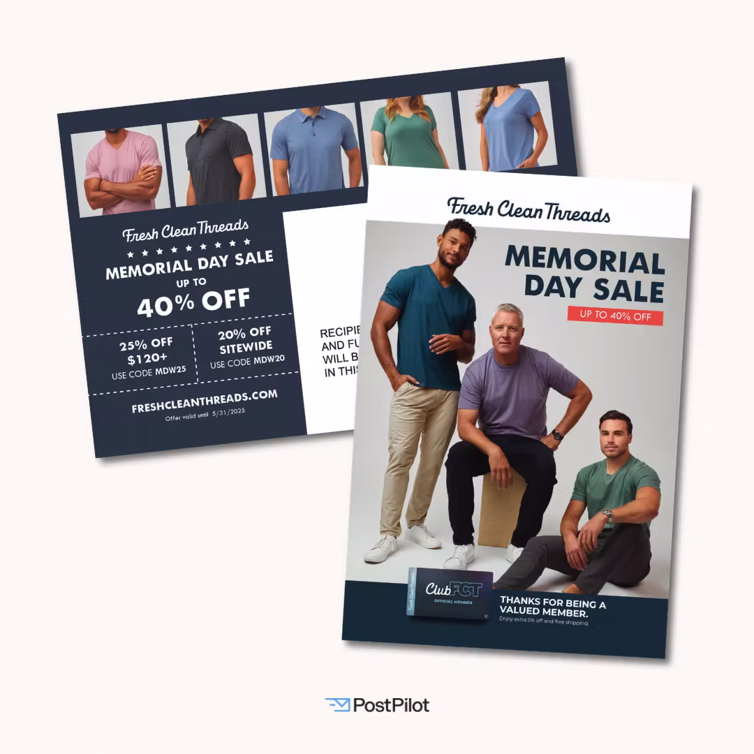 Front and back of a Fresh Clean Threads Memorial Day Sale postcard printed by PostPilot. Offer is to ClubFCT members and is up to 40% off.