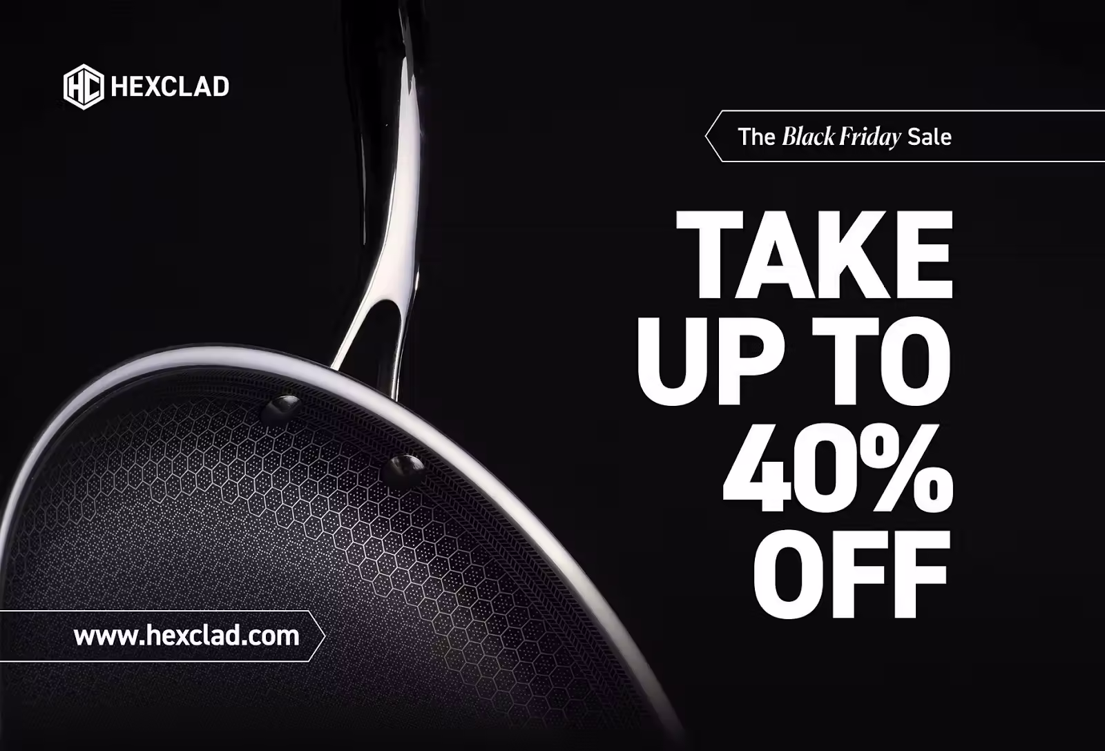 Close-up of a HexClad pan handle and hexagonal cooking surface on a dark background. Text: "We have a gift for you! Diane, enjoy exclusive 10% off with code 10HEXVIP."