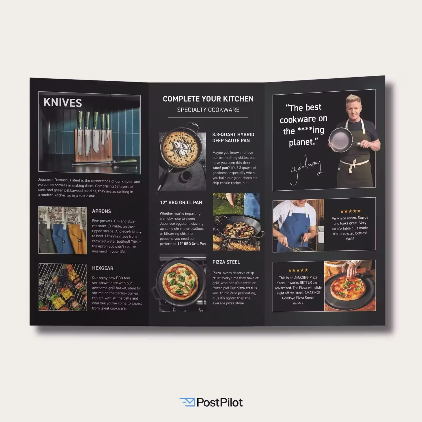 HexClad tri-fold brochure showcasing knives, aprons, BBQ gear, a deep sauté pan, grill pan, and pizza steel, with product photos, descriptions, and customer reviews. Produced by PostPilot.