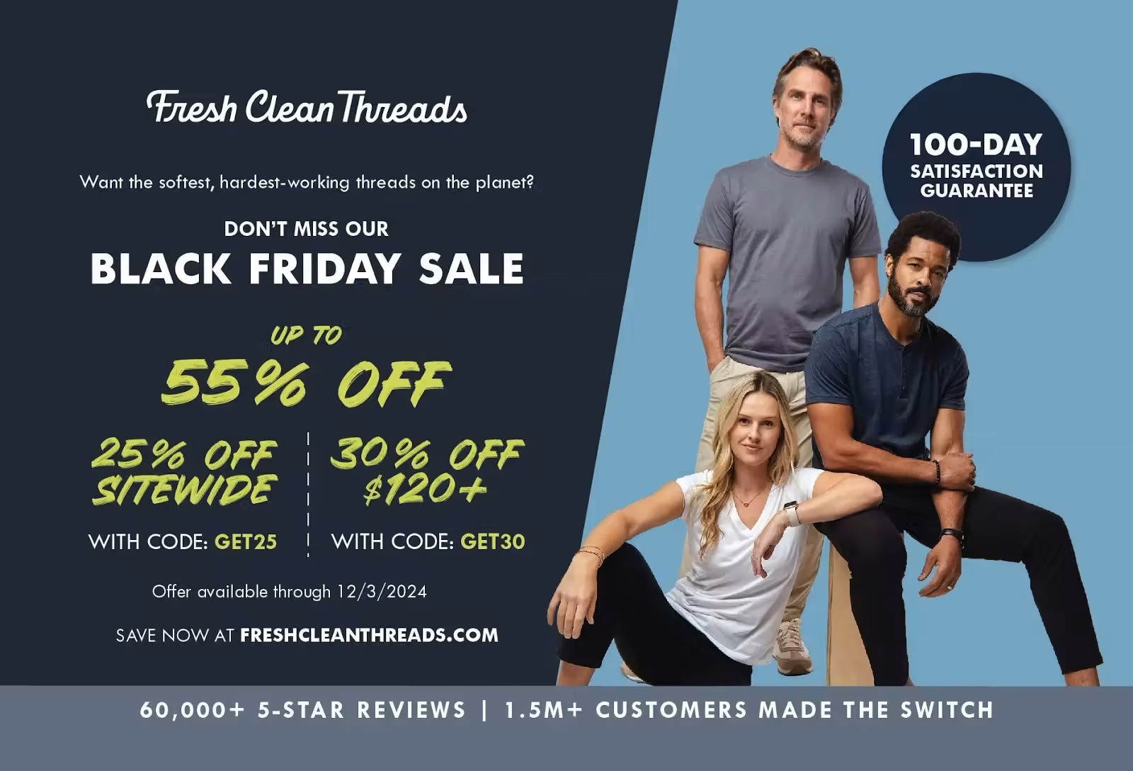 Fresh Clean Threads Black Friday postcard with tiered offers: 25% off sitewide and 30% off orders of $120+.