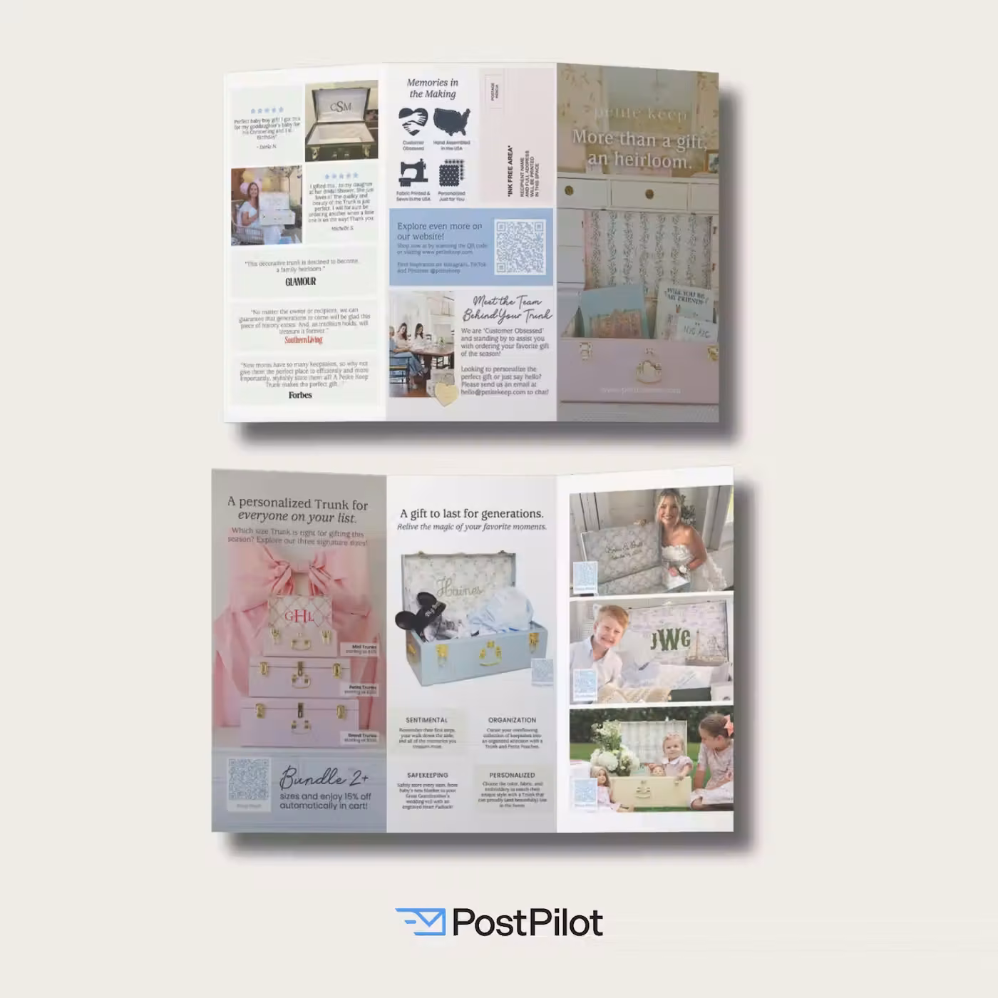 Petite Keep trifold Cardalog with the headline "More than a gift: an heirloom," featuring personalized keepsake trunks.