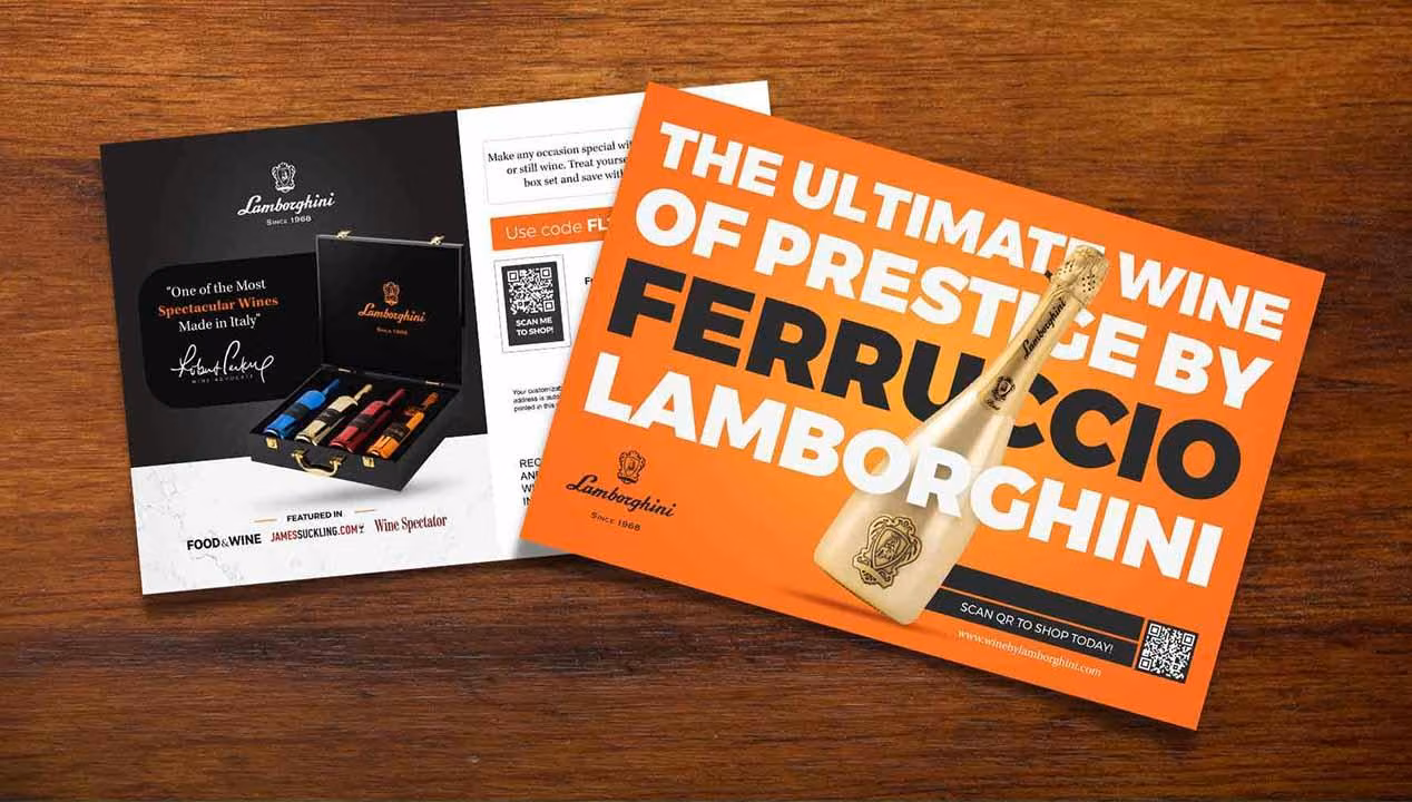 Front and back of a Wine by Lamborghini postcard featuring a gold bottle of Ferruccio Lamborghini wine.