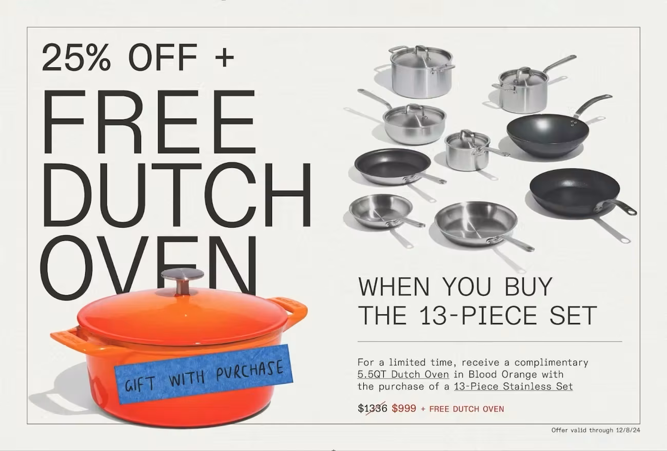 Made In postcard offering 25% off plus a free Dutch oven with the purchase of a 13-piece stainless set.
