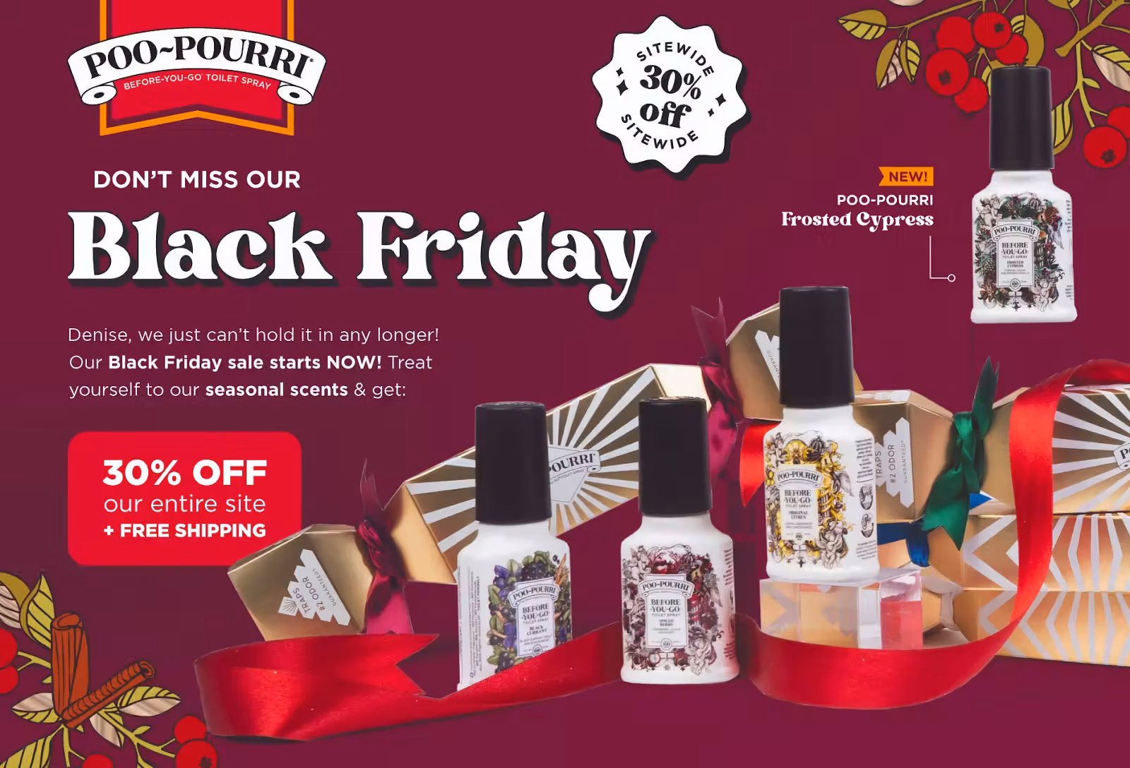 Poo-Pourri Black Friday postcard with a personalized greeting, 30% off sitewide plus free shipping, and seasonal scent bottles.